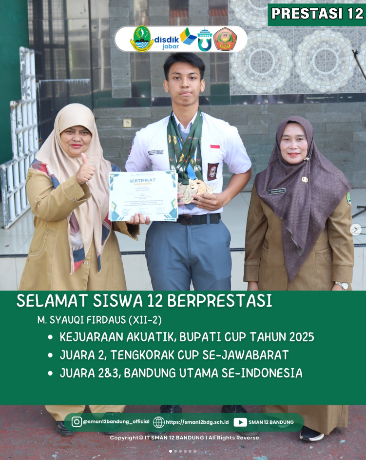 Keluarga besar SMAN 12 Bandung mengucapkan apresiasi setinggi-tingginya kepada para siswa yang telah meraih prestasi gemilang dalam berbagai kejuaraan. 🏆✨